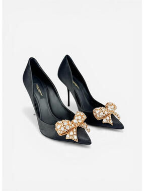 Dolce & Gabbana Crystal Bow Satin Pumps Black EU 36.5 US 6.5 | NIB
